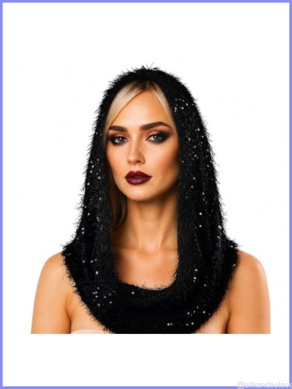 Soft Faux Fur Hooded Cowl Scarf with Sequins Lightweight Halloween Cosplay